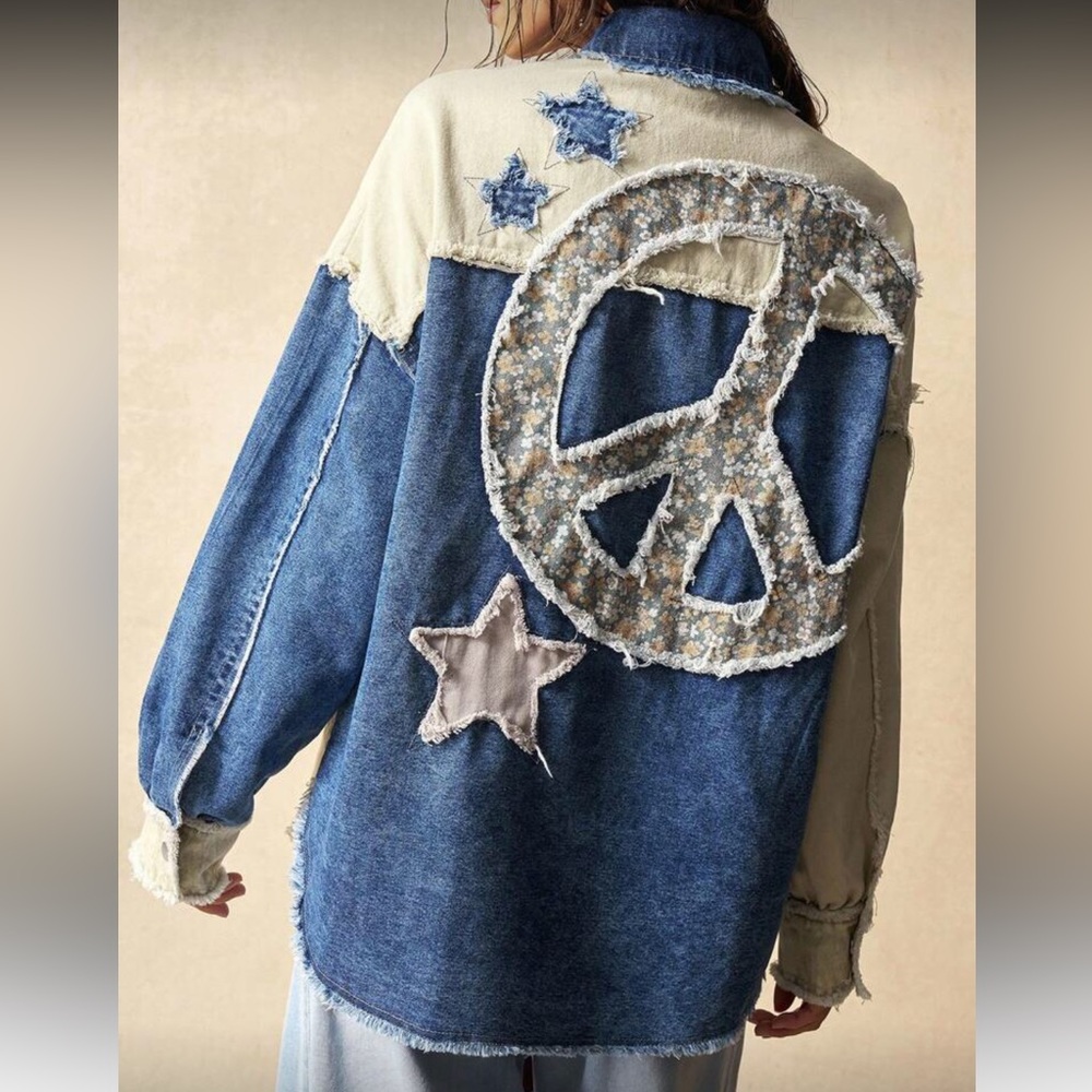 Peace patchwork denim shacket jacket Star floral distressed
